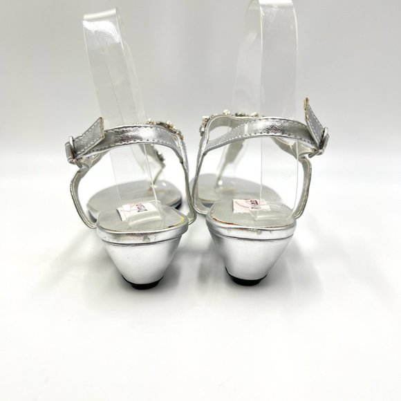 6.5W 6.5 WIDE Dyeables Silver Jeweled T-Strap Low Wedge‎ Dress Sandals Shoes - Picture 6 of 13